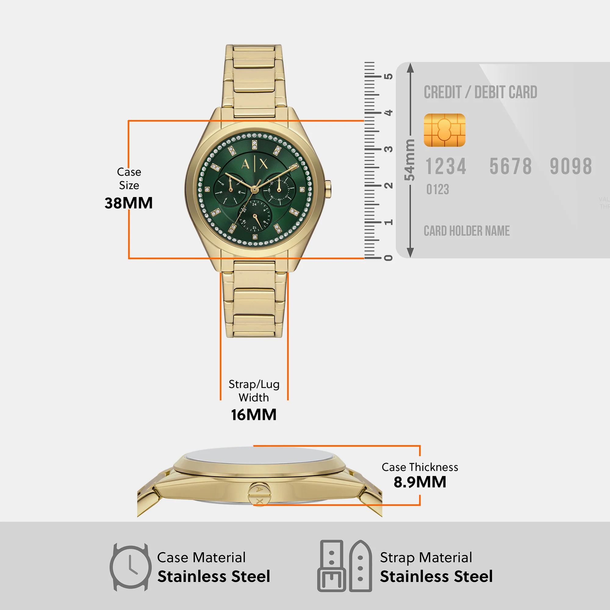 Lady Giacomo Women Quartz Green Dial Multi-Function Stainless Steel Watch AX5661 - Image 7
