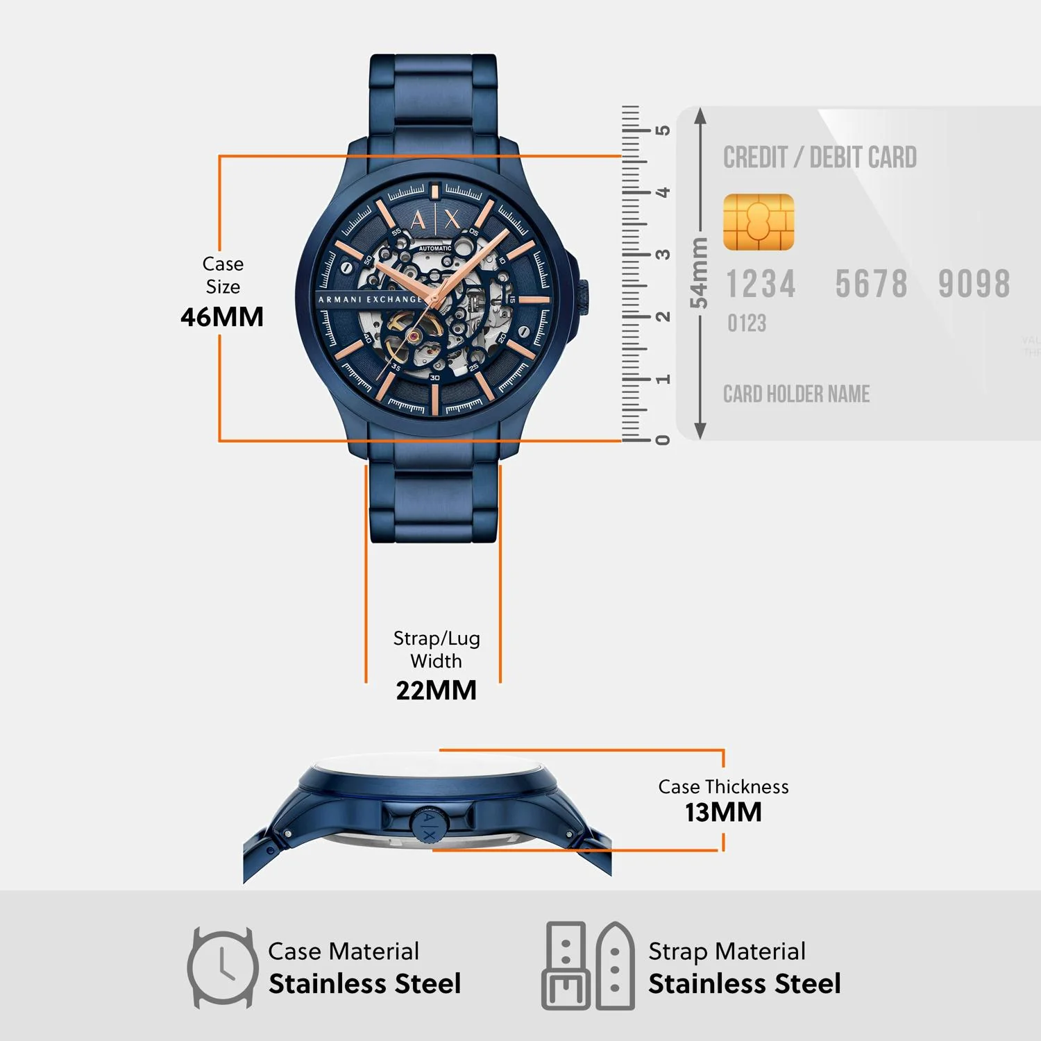 Men Automatic Blue Dial Analog Stainless Steel Watch AX2457 - Image 8