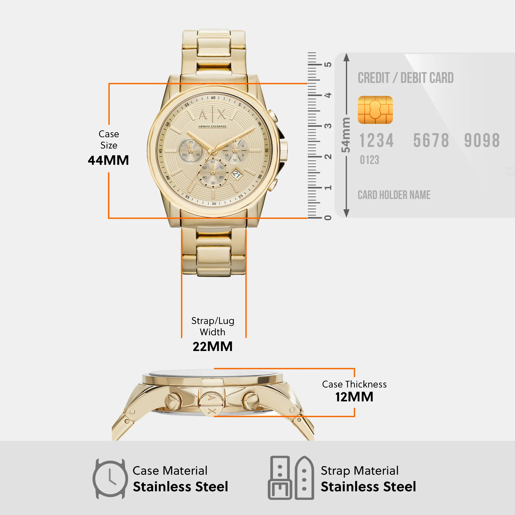 Men Quartz Gold Dial Chronograph Stainless Steel Watch AX2099 - Image 9