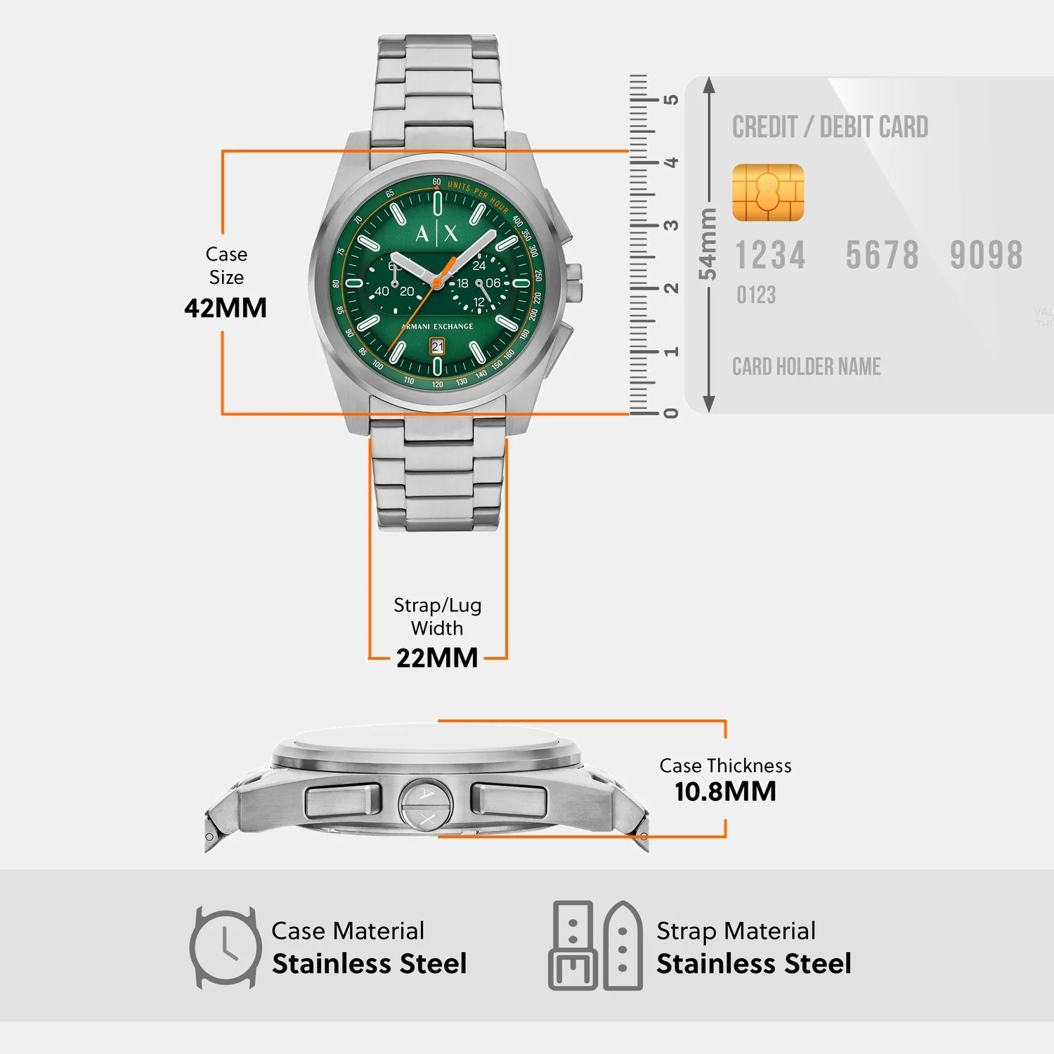 Men Quartz Green Dial Chronograph Stainless Steel Watch AX2862 - Image 8