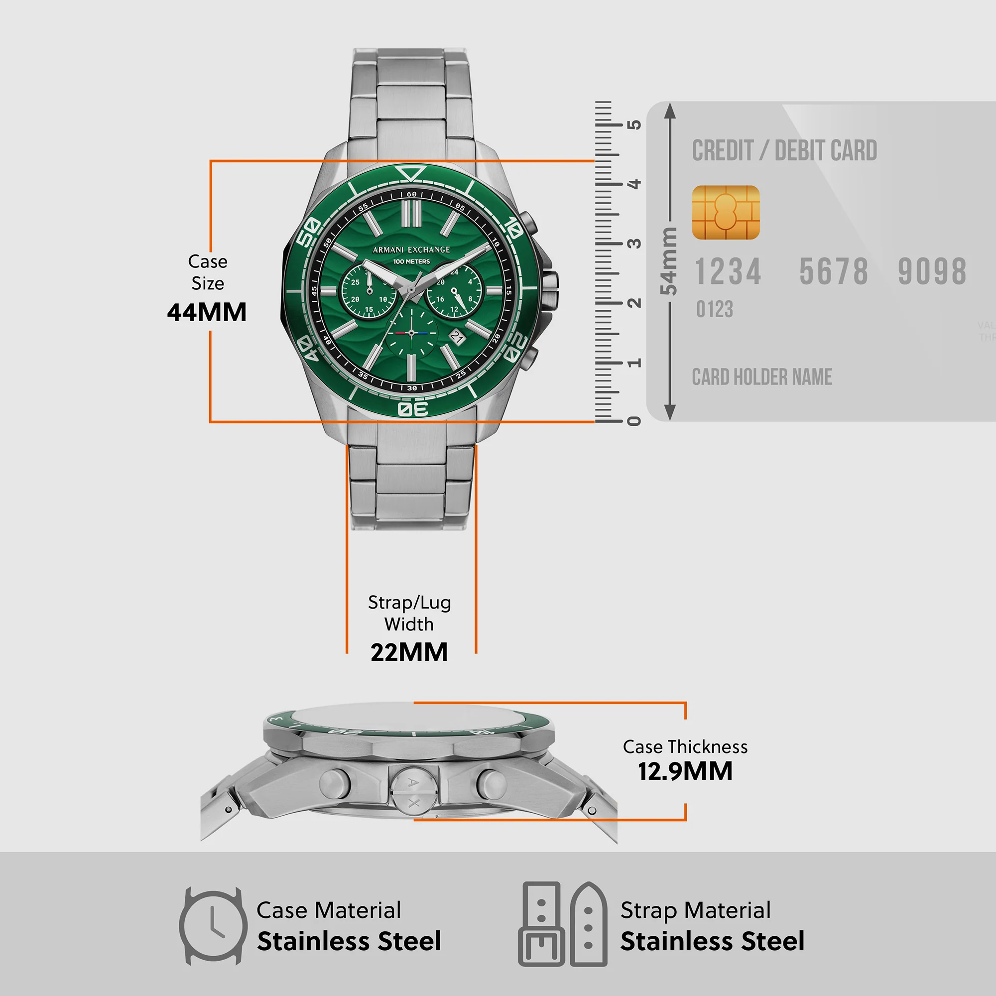 Spencer Men Quartz Green Dial Chronograph Stainless Steel Watch AX1957 - Image 5