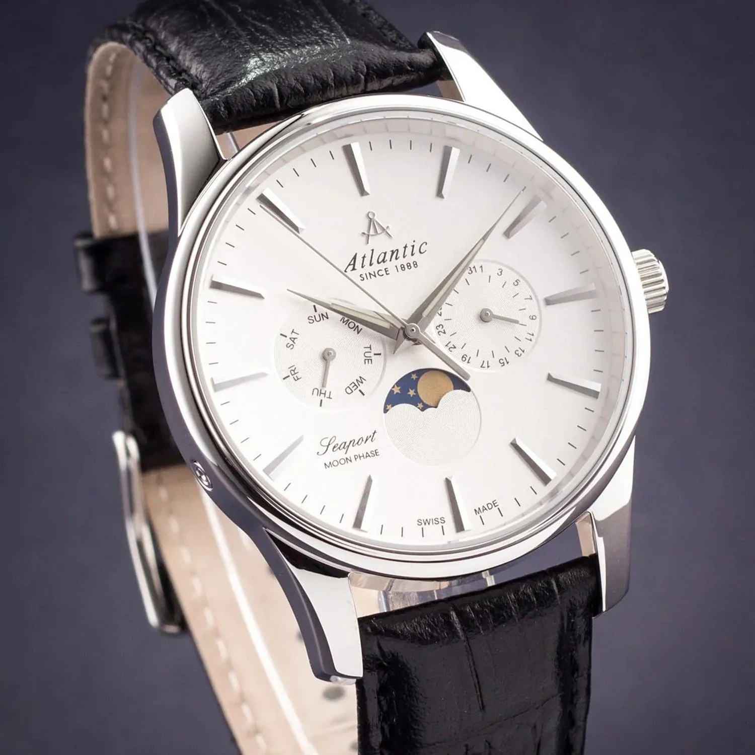 Seaport Moonphase Men Quartz Silver Dial Multi-Function Leather Watch 56550.41.21 - Image 3