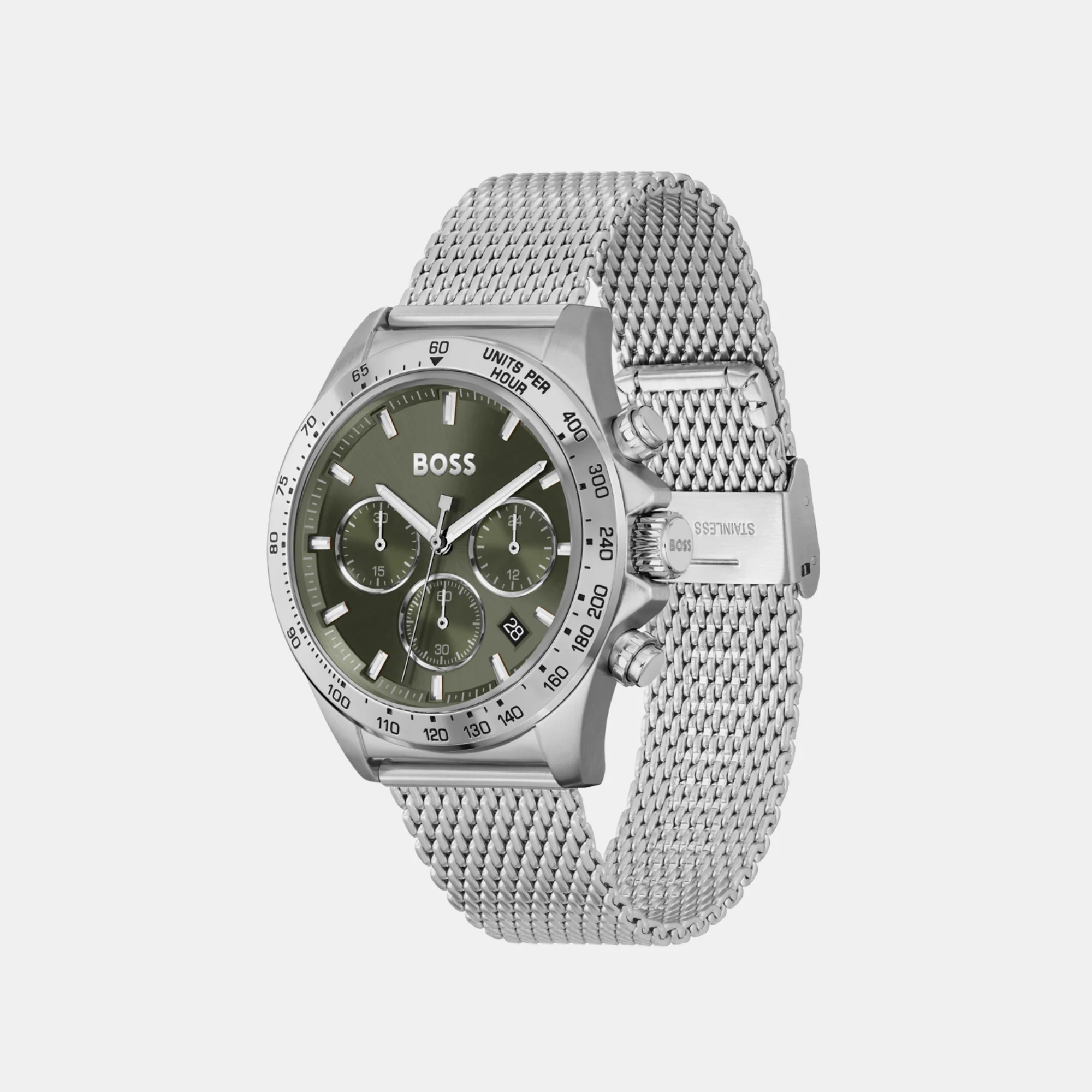 Hero Men Quartz Green Dial Chronograph Mesh Watch 1514020 - Image 4