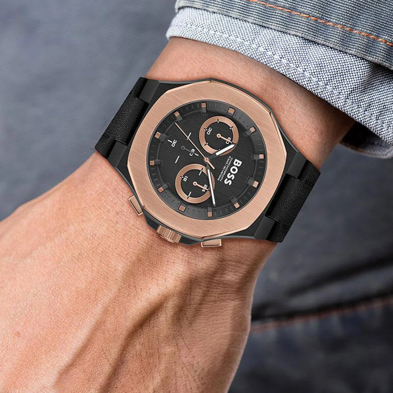 Taper Men Quartz Black Dial Chronograph Leather Watch 1514089 - Image 5