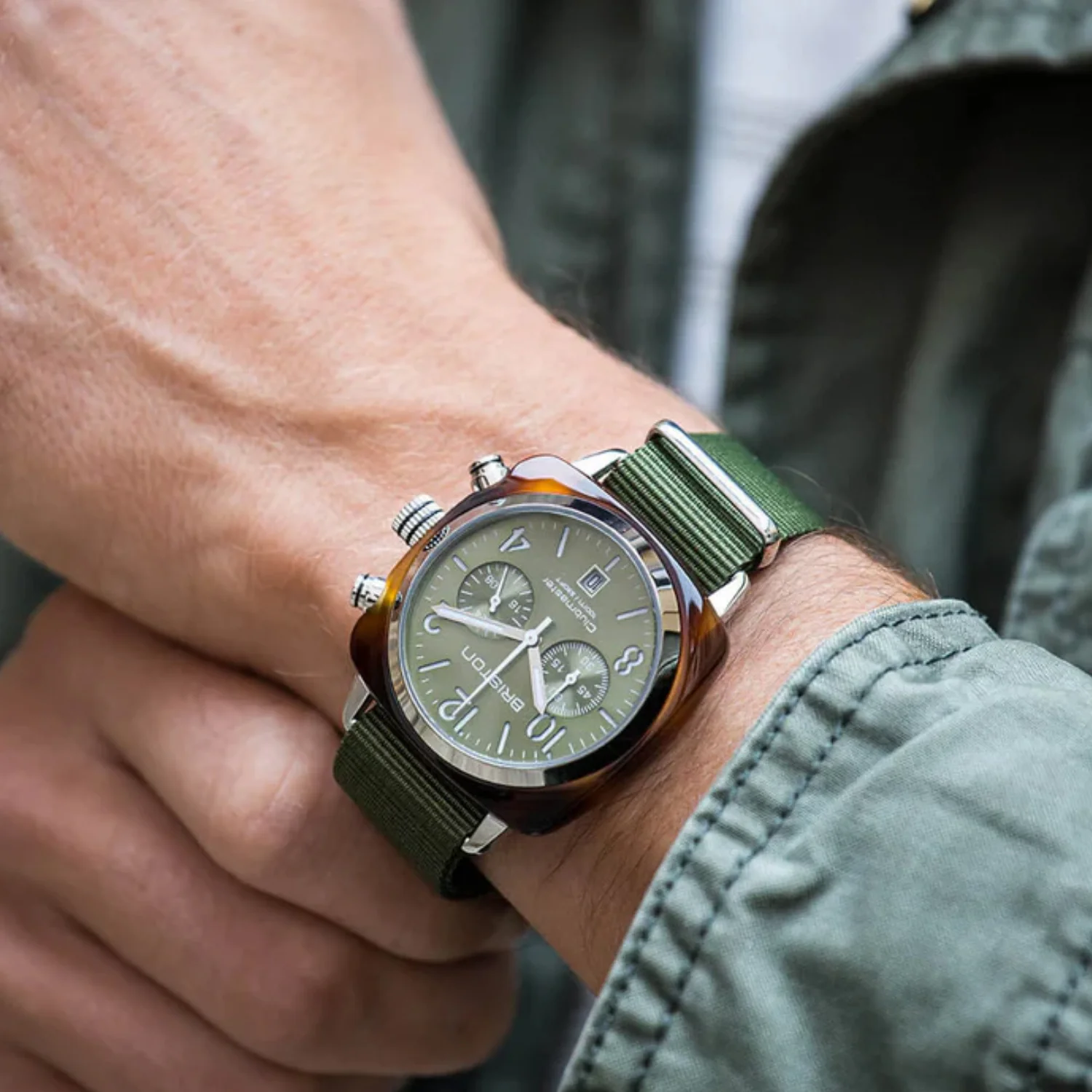 Clubmaster Classic Men Quartz Olive Green Dial Chronograph NATO Watch 19140.SA.T.26.NOL - Image 2