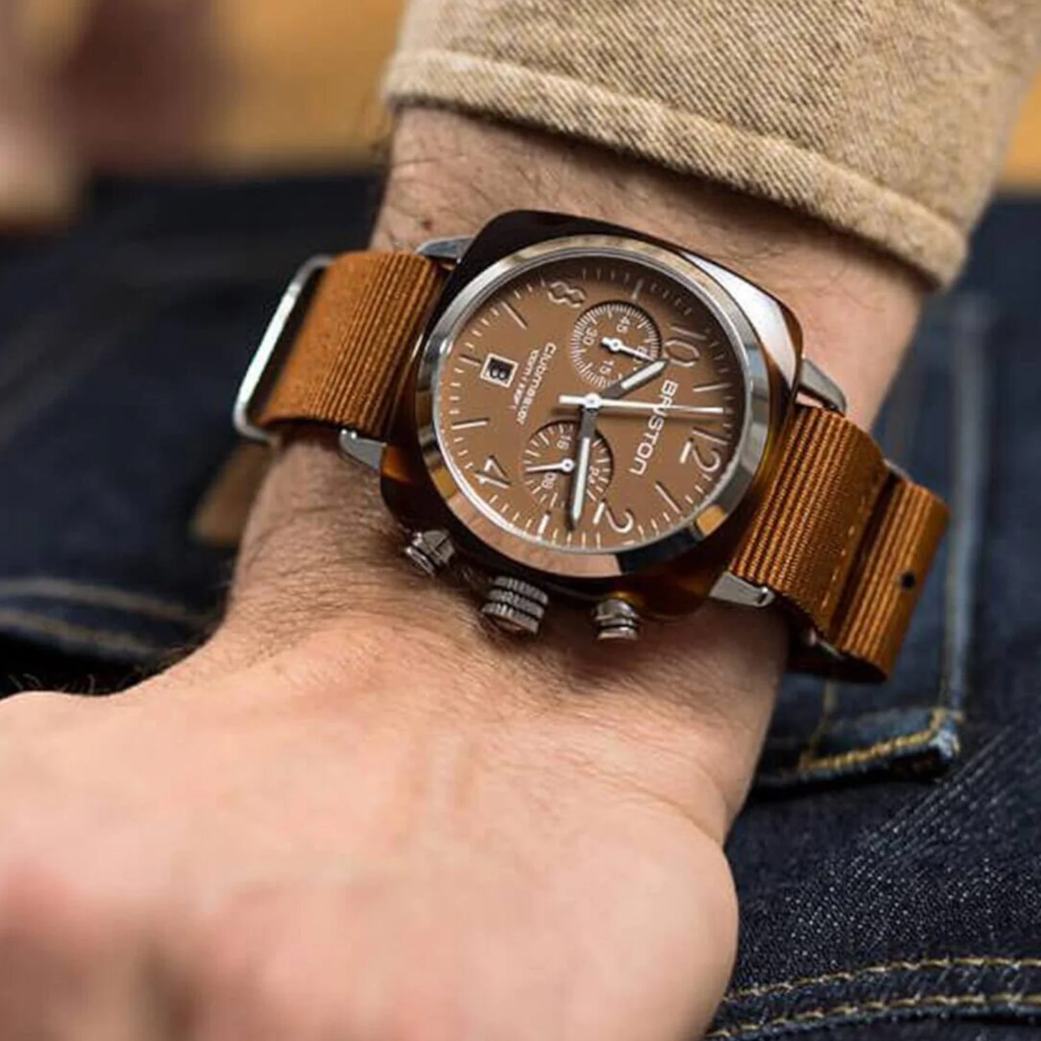 Clubmaster Classic Men Quartz Brown Dial Chronograph NATO Watch 20140.PYAT.37.NTCH - Image 3