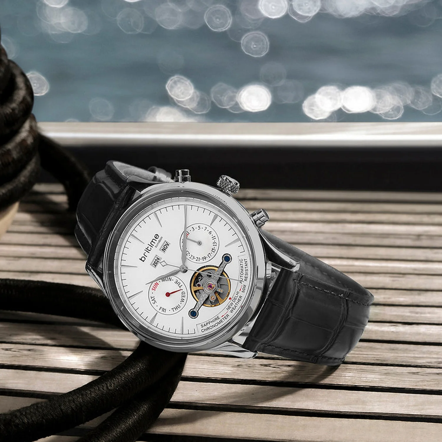 Celestial Men Automatic Silver Dial Chronograph Leather Watch 867-L10306 - Image 4