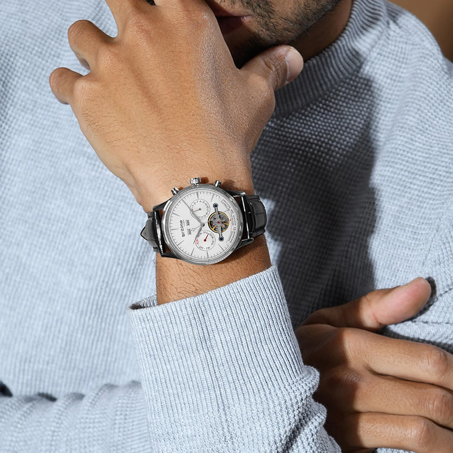 Celestial Men Automatic Silver Dial Chronograph Leather Watch 867-L10306 - Image 5