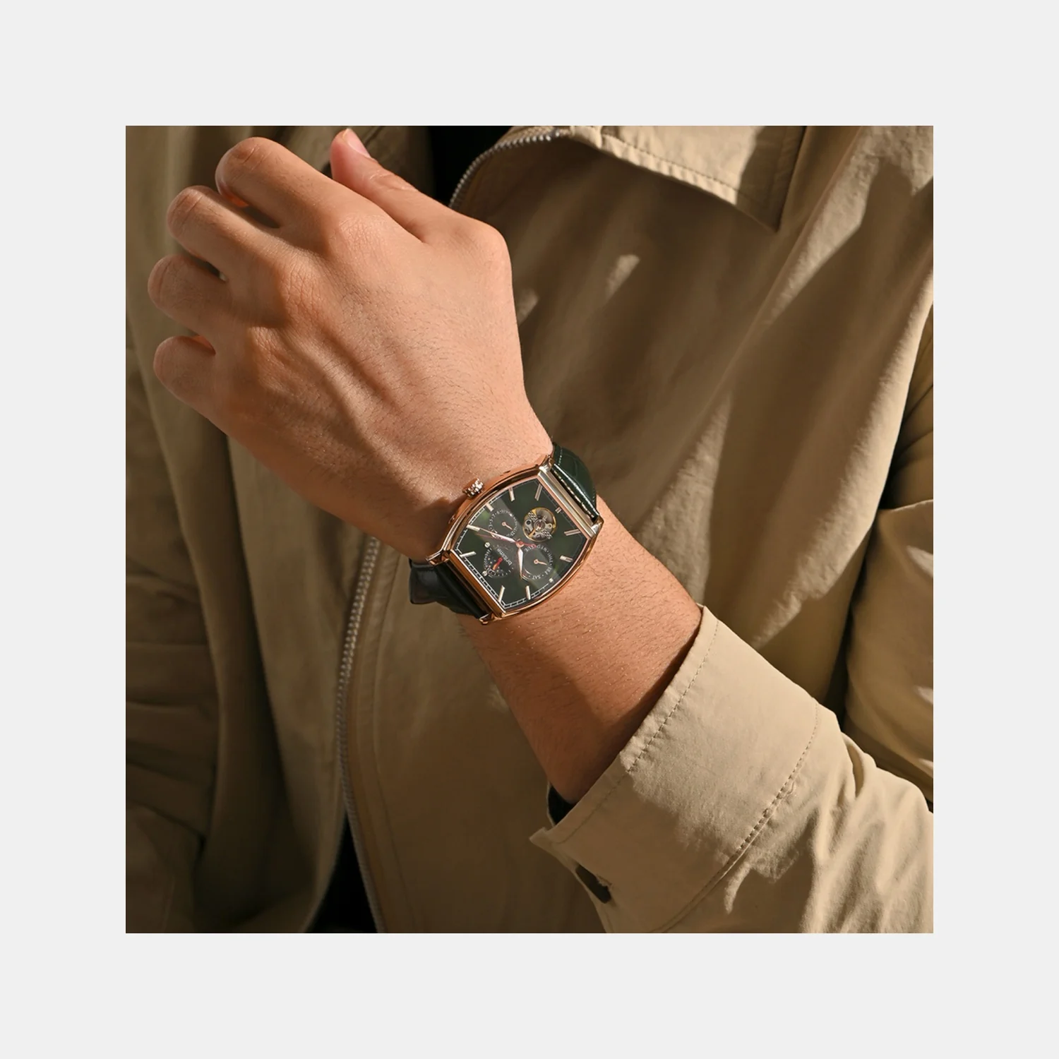 Men Automatic Green Dial Analog Leather Watch 985-L31412 - Image 4