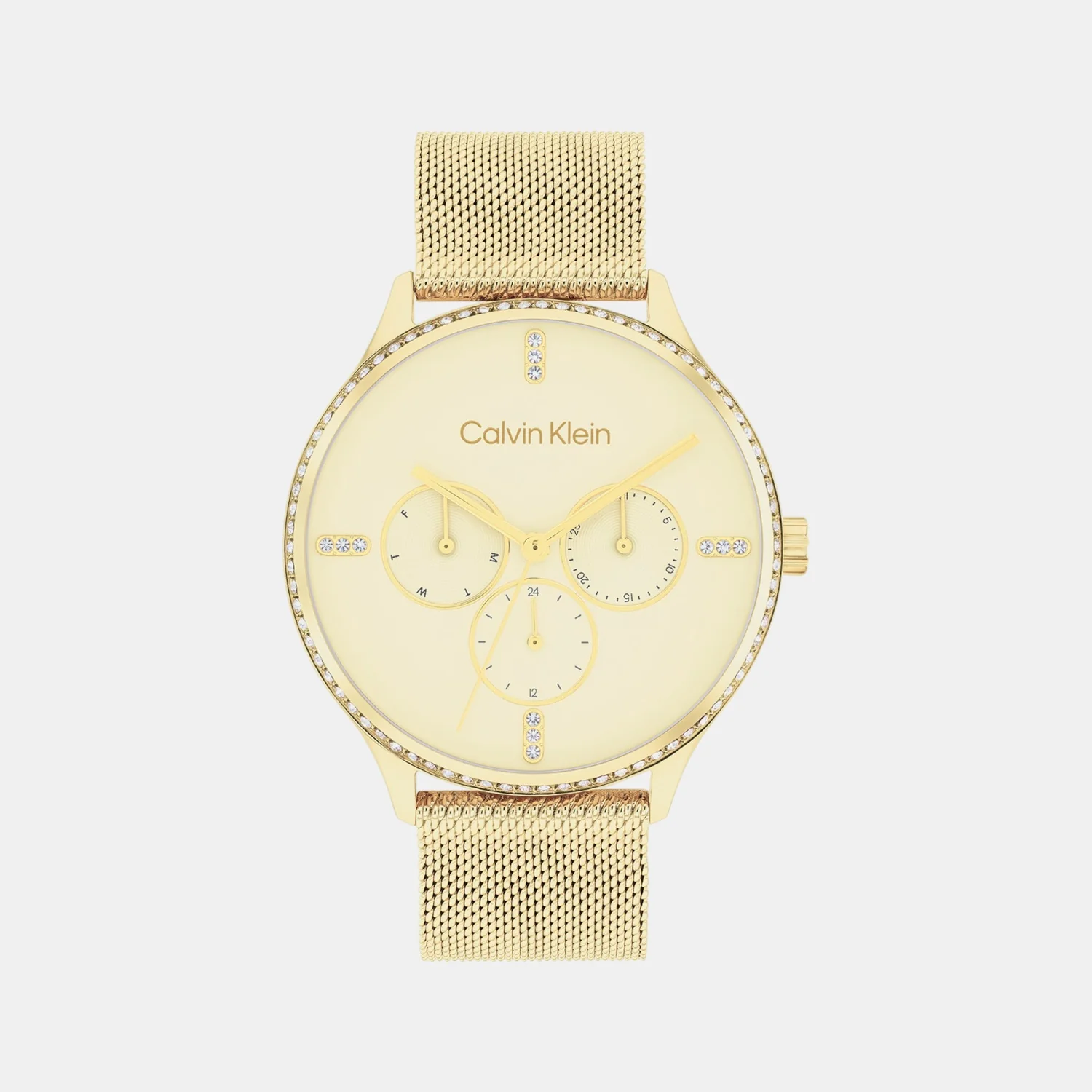 Ck Dress Women Quartz Gold Dial Multi-Function Mesh Watch 25200372