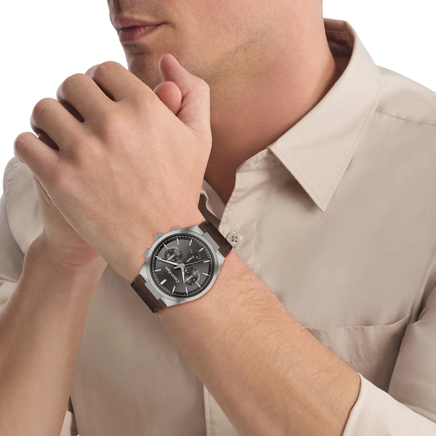 Distinguish Men Quartz Grey Dial Multi-Function Leather Watch 25200508 - Image 3
