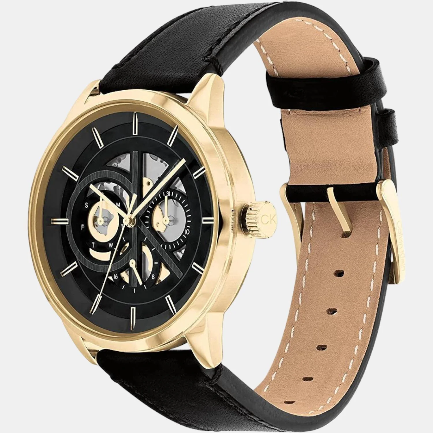 Modern Skeleton Men Quartz Black Dial Multi-Function Leather Watch 25200217 - Image 2