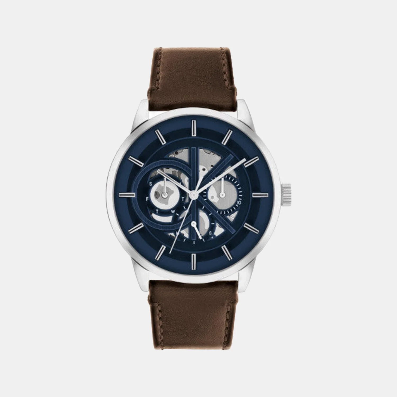 Modern Skeleton Men Quartz Blue Dial Chronograph Leather Watch 25200216
