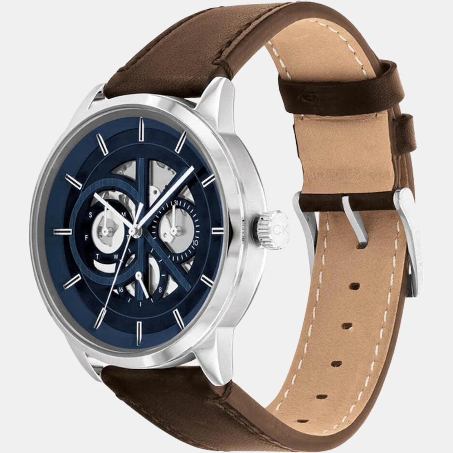 Modern Skeleton Men Quartz Blue Dial Chronograph Leather Watch 25200216 - Image 4