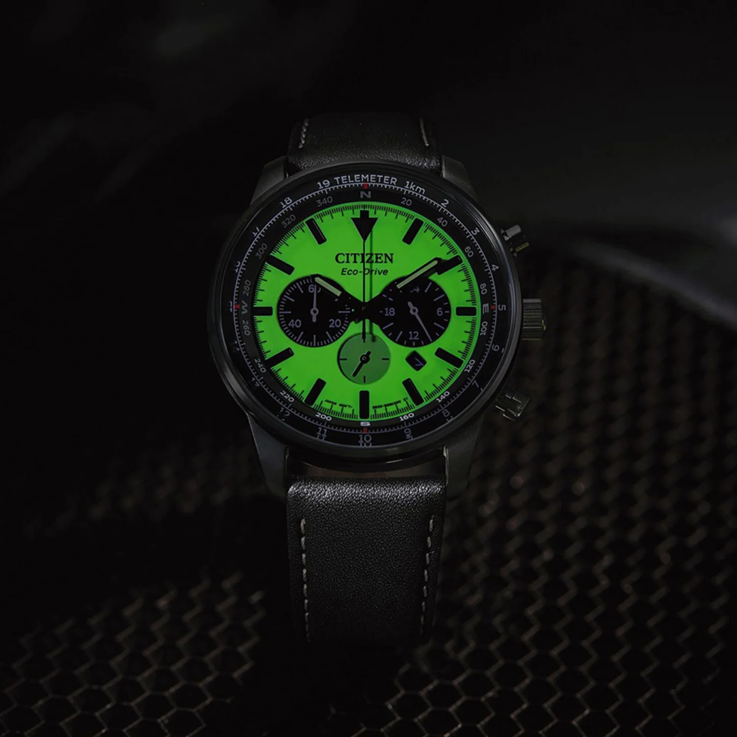 Men Eco-Drive Green Dial Chronograph Leather Watch CA4505-21X - Image 4
