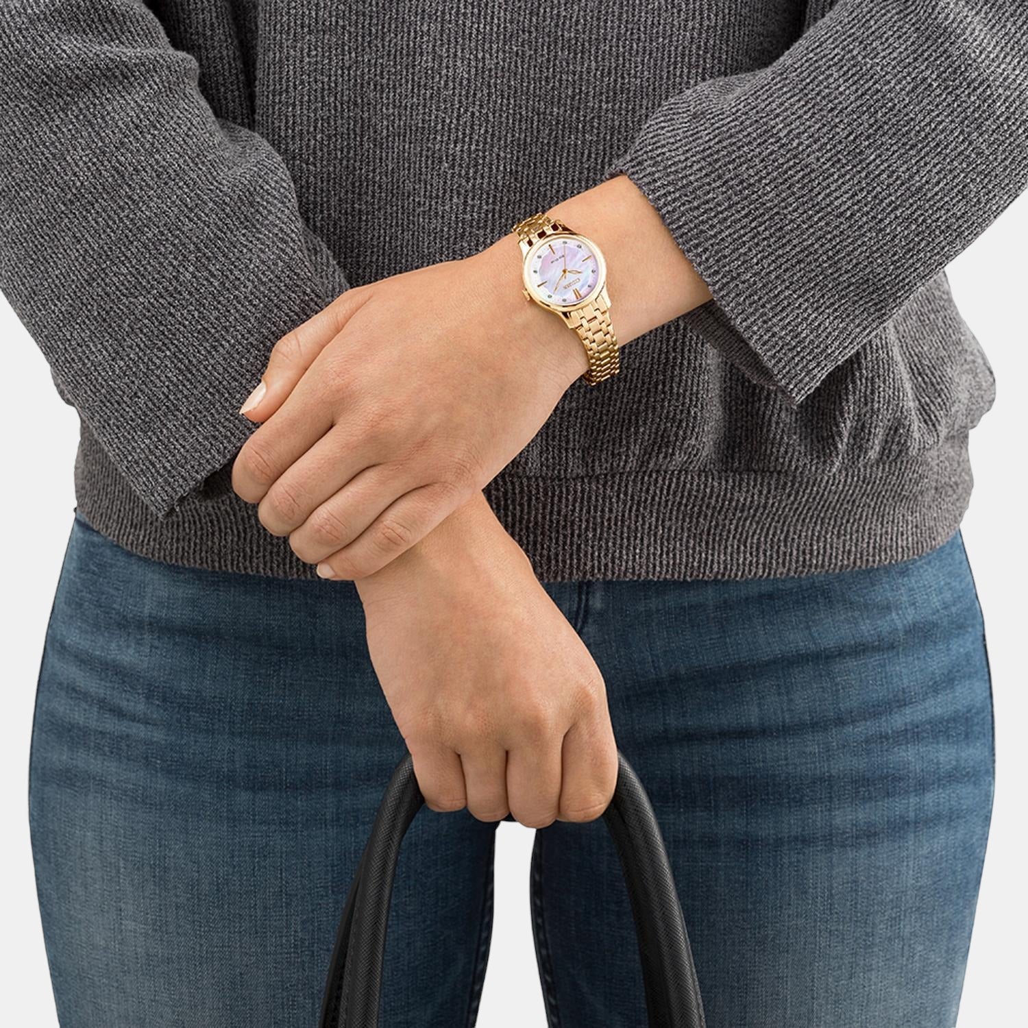 Women Eco-Drive Mother Of Pearl Dial Analog Stainless Steel Watch EM0893-87Y - Image 4