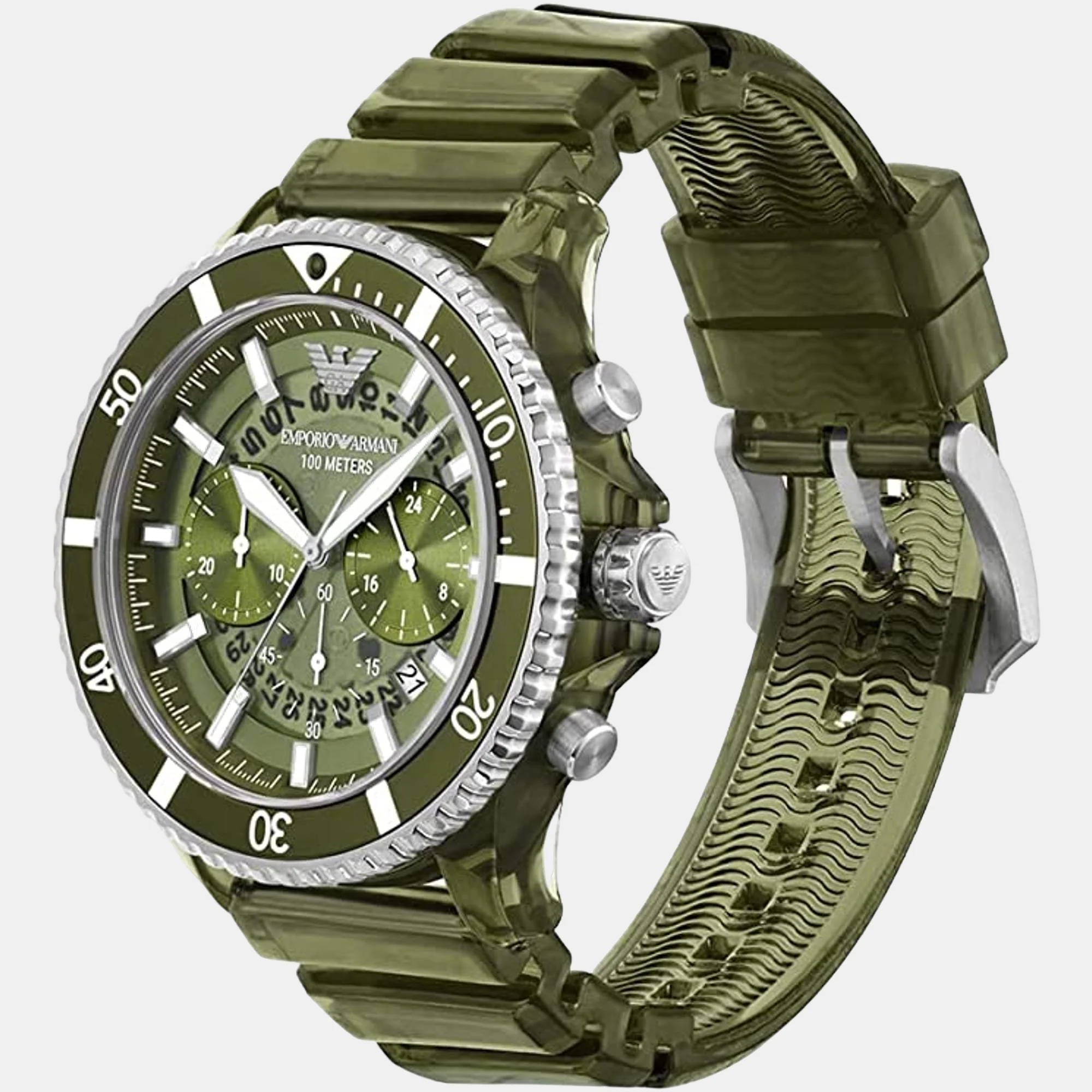 World Explorer Men Quartz Green Dial Chronograph Silicone Watch AR11534 - Image 4