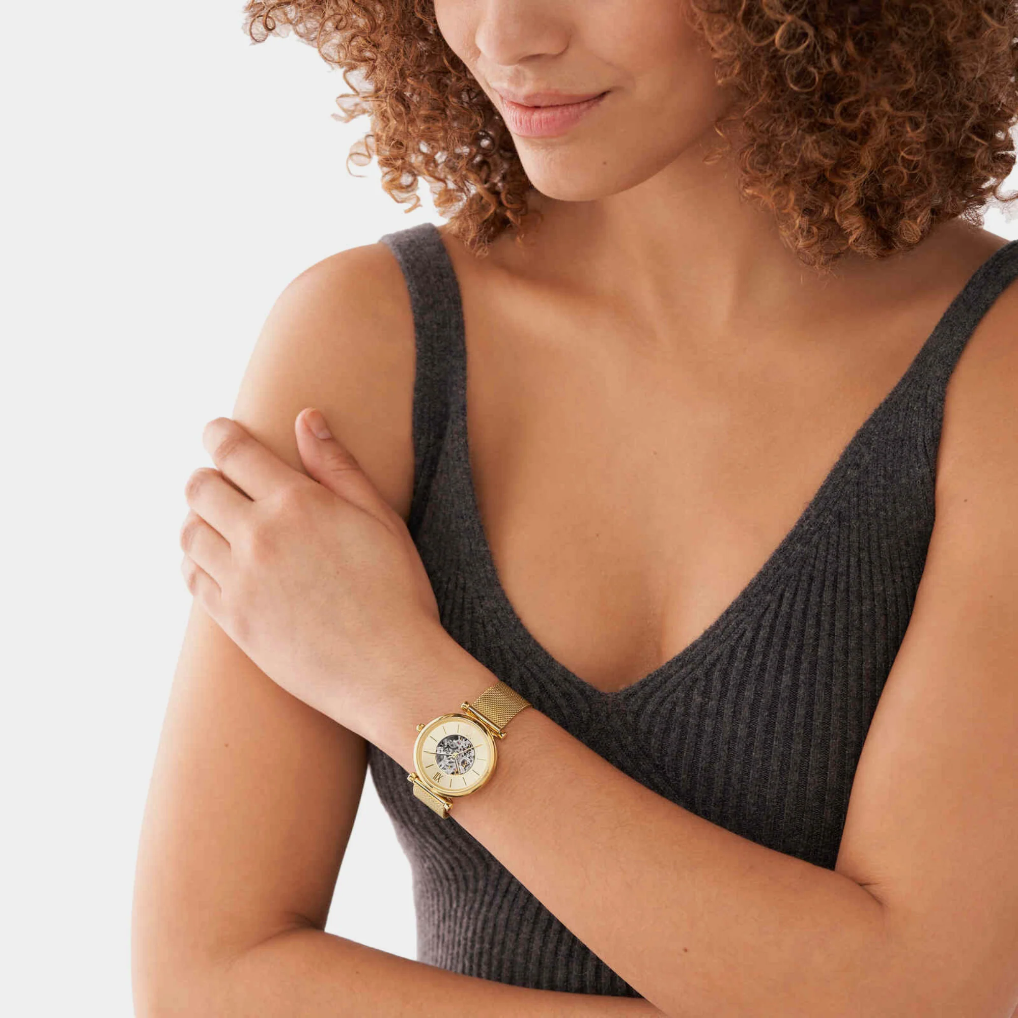 Carlie Women Automatic Gold Dial Analog Mesh Watch ME3250 - Image 4