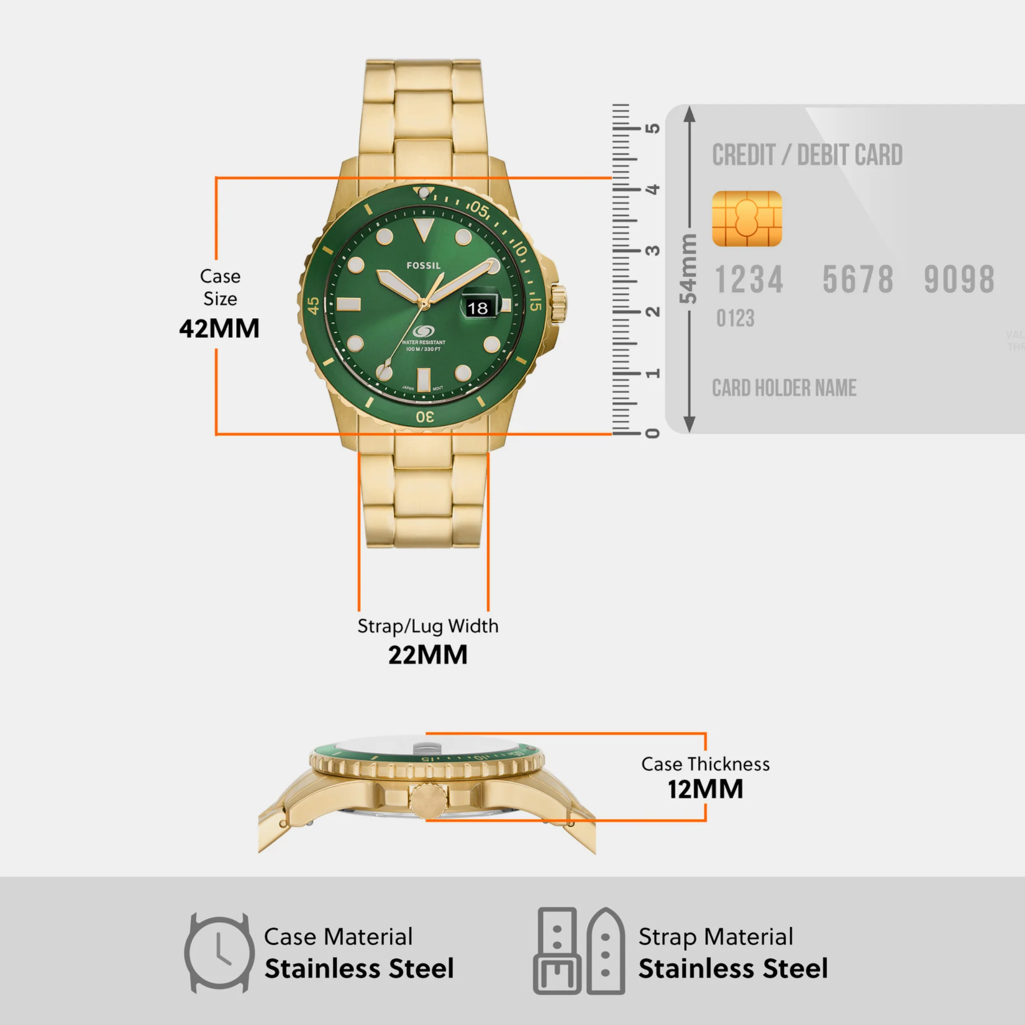 Fossil Blue Dive Men Quartz Green Dial Analog Stainless Steel Watch FS5950 - Image 5