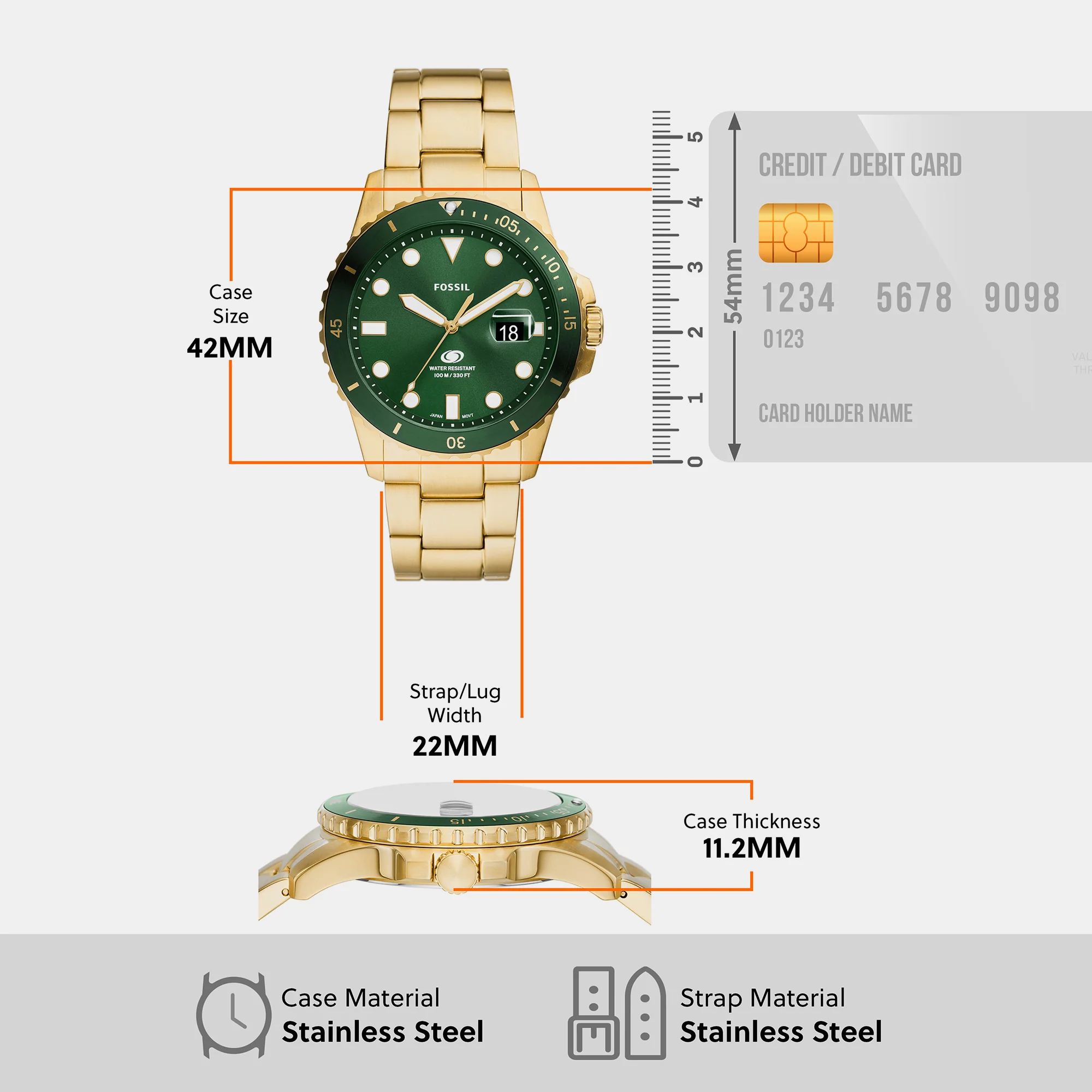 Fossil Blue Dive Men Quartz Green Dial Analog Stainless Steel Watch FS6030 - Image 8