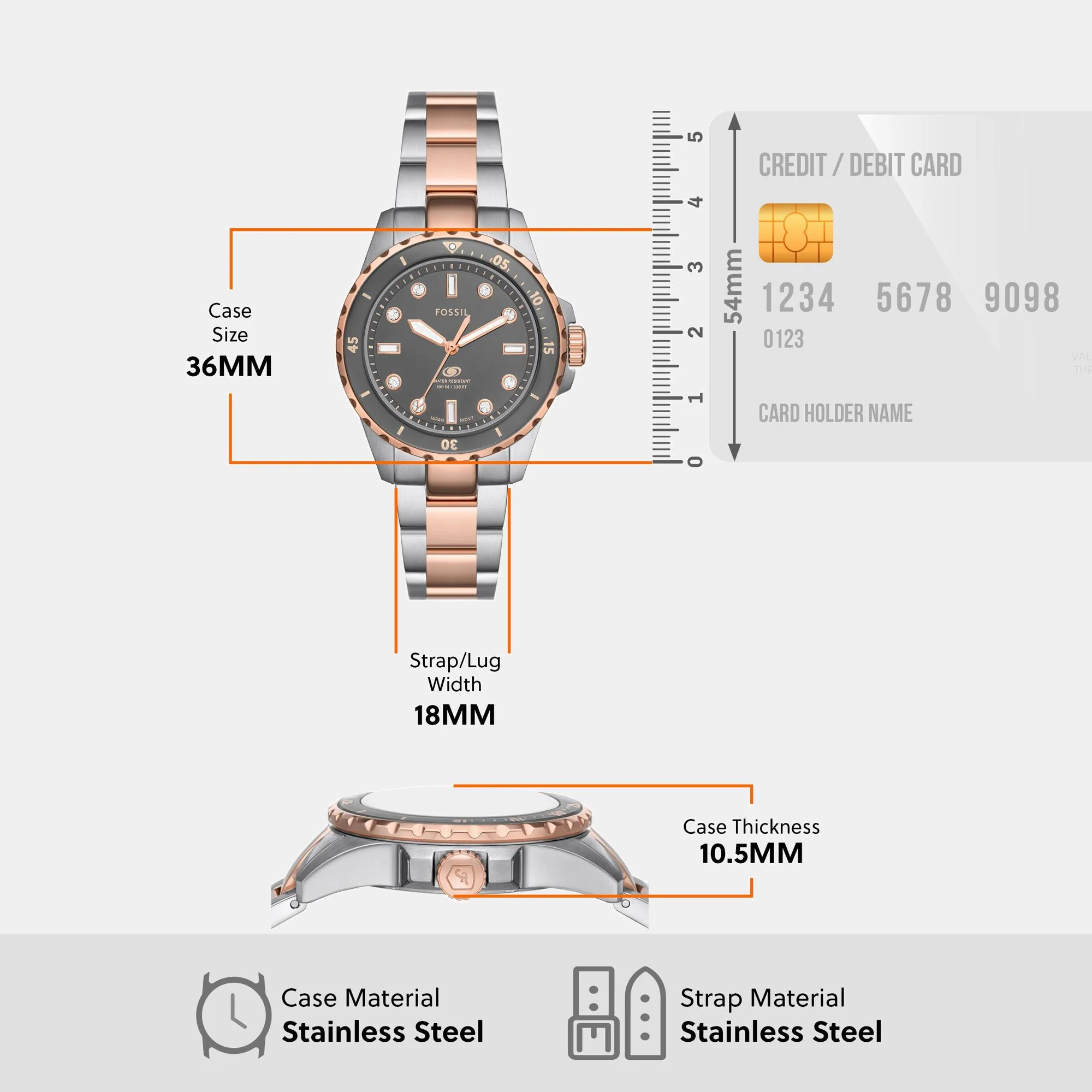 Fossil Blue Dive Women Quartz Grey Dial Analog Stainless Steel Watch ES5348 - Image 8