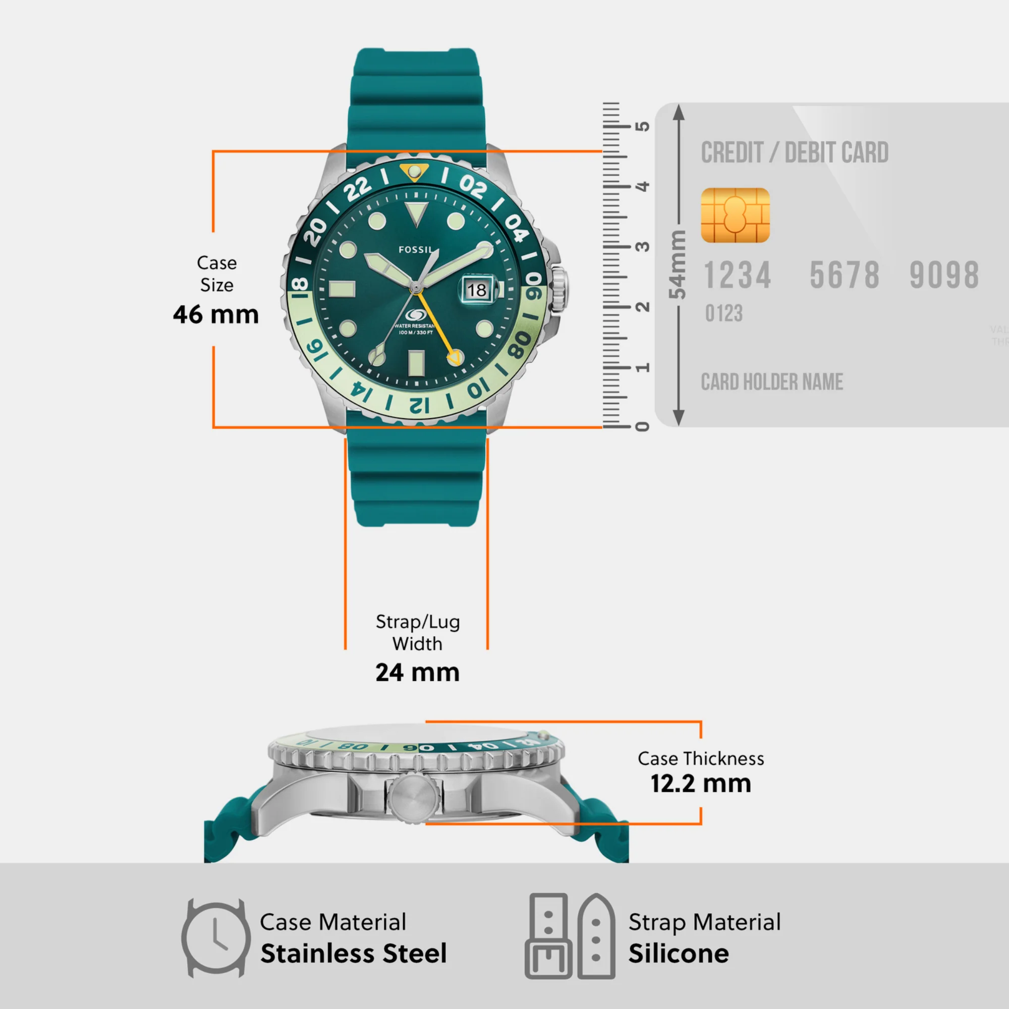 Fossil Blue Gmt Men Quartz Green Dial Analog Silicone Watch FS5992 - Image 4