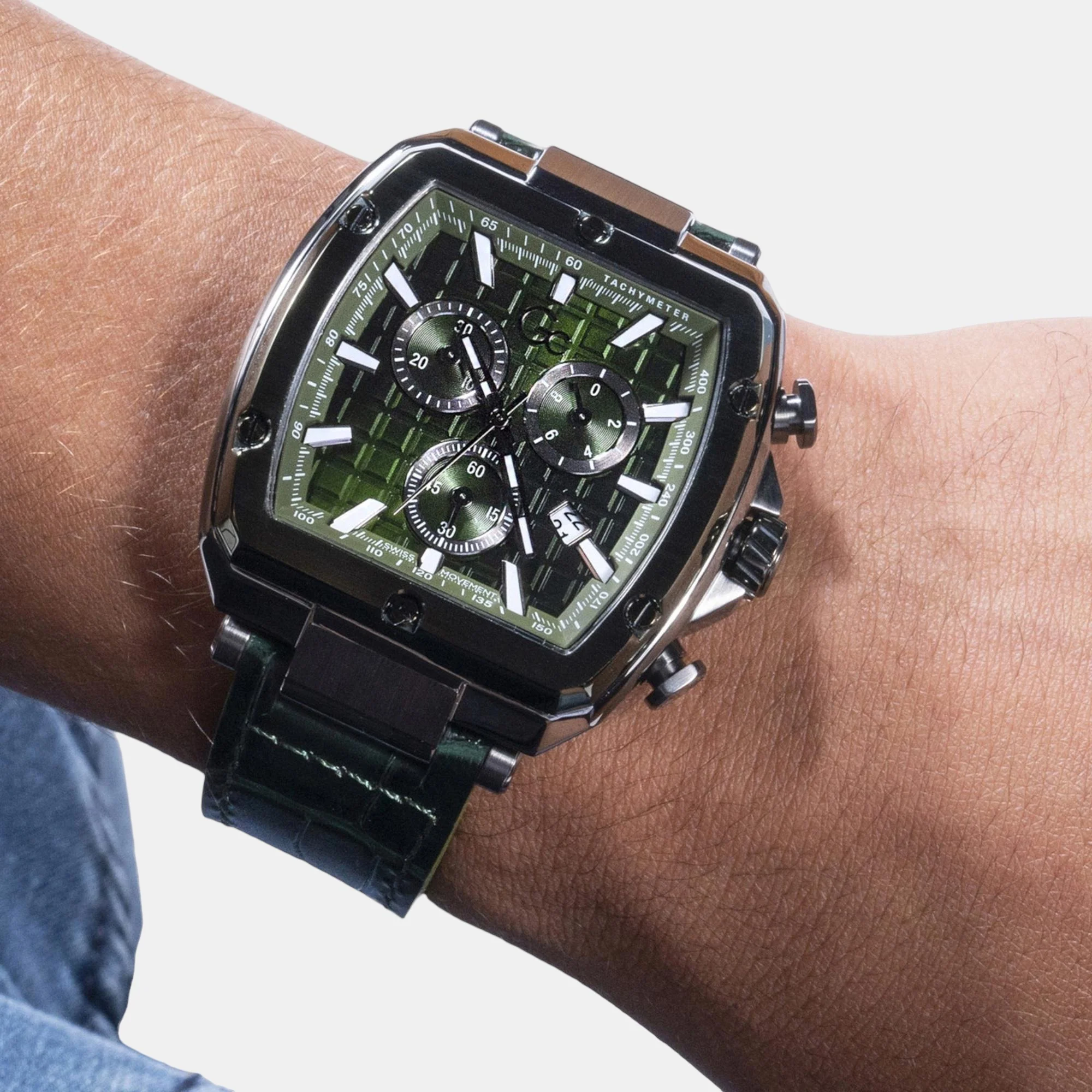 Men Quartz Green Dial Chronograph Leather Watch Y83011G9MF - Image 4