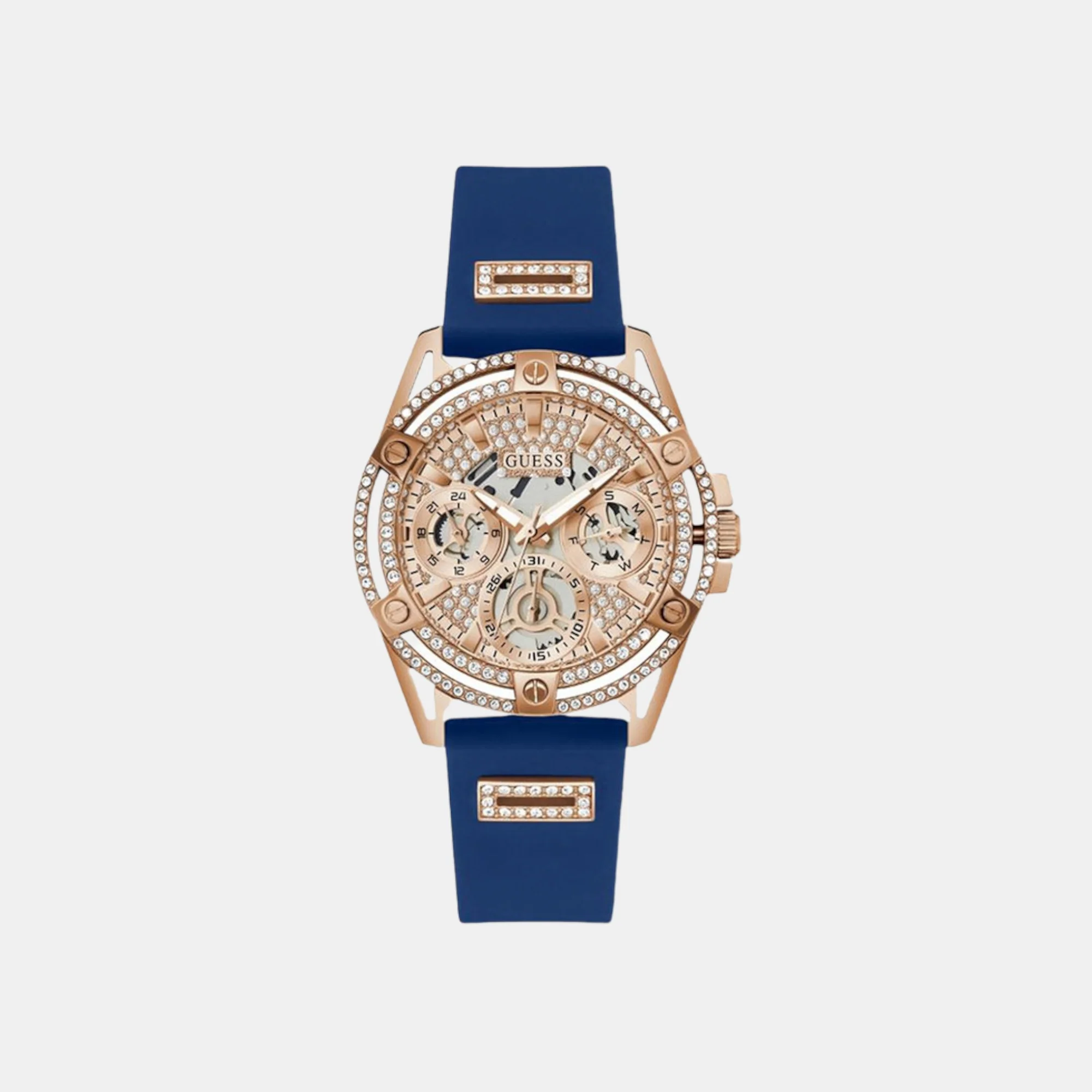 queen Women Quartz Rose Gold Dial Multi-Function Silicone Watch GW0536L5