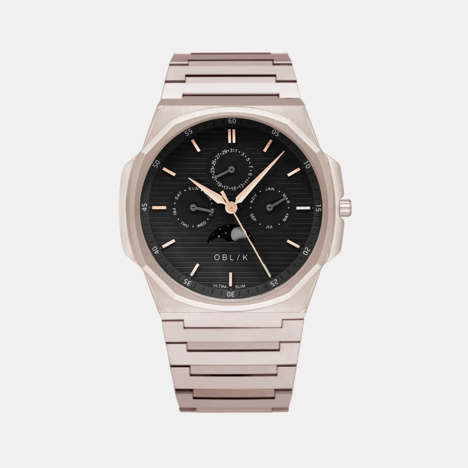 Moonphase Men Quartz Black Dial Multi-Function Stainless Steel Watch BLADE LUNAR CALENDAR-RG