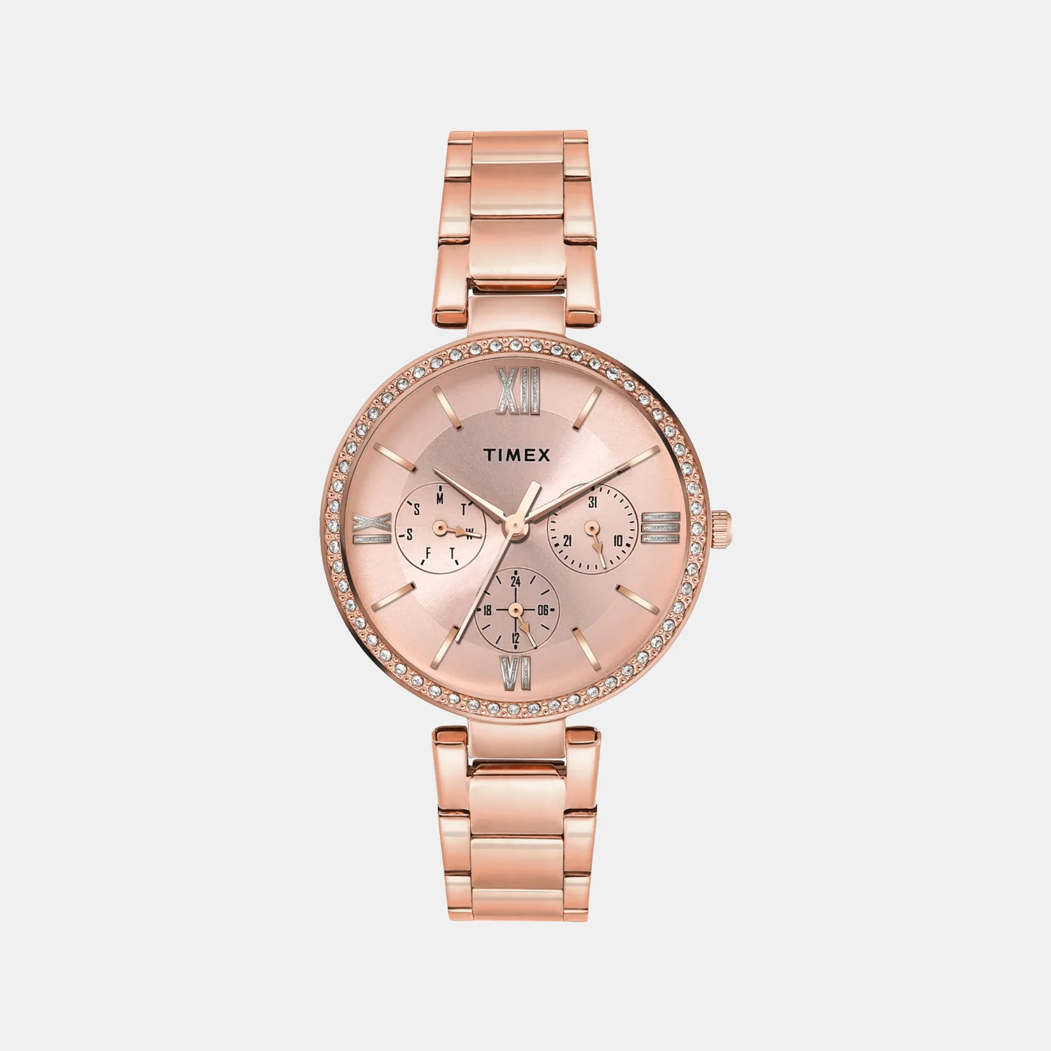 Fashion Women Quartz Pink Dial Multi-Function Stainless Steel Watch TWEL18707