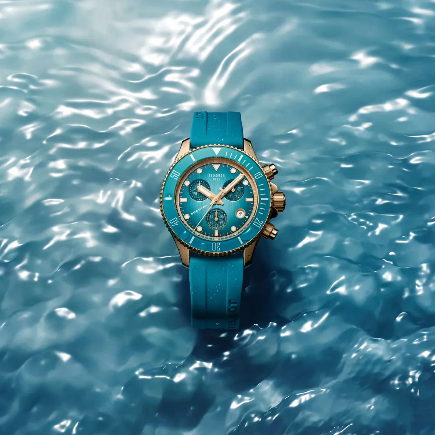 Seastar 1000 Unisex Quartz Turquoise Dial Chronograph Silicone Watch T1202173704100 - Image 6